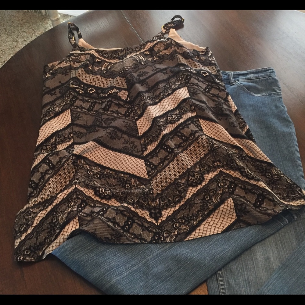 Cabi top - nude and black lace print.